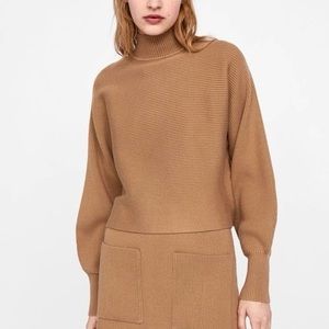 ZARA Ribbed Knit Mock Neck Balloon Sleeve Camel Sweater Size Large